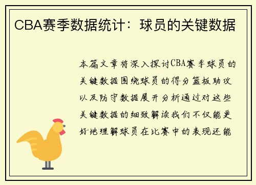 CBA赛季数据统计：球员的关键数据