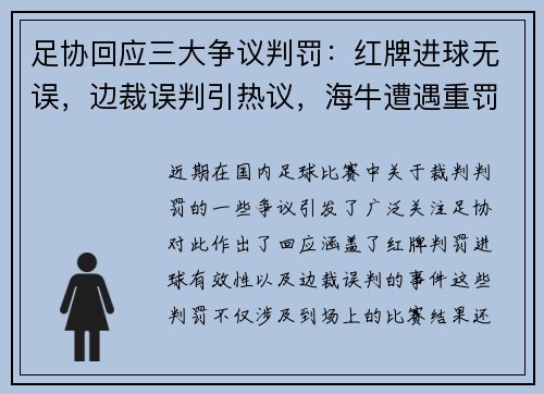 足协回应三大争议判罚：红牌进球无误，边裁误判引热议，海牛遭遇重罚原因揭秘
