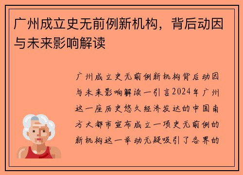 广州成立史无前例新机构，背后动因与未来影响解读